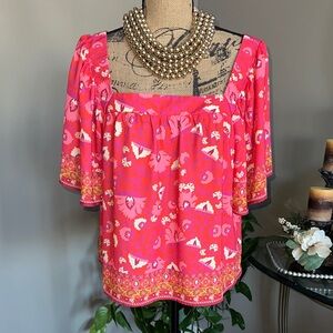 Flying Tomato Pink and Purple Floral Blouse flowy sleeves size M🩷